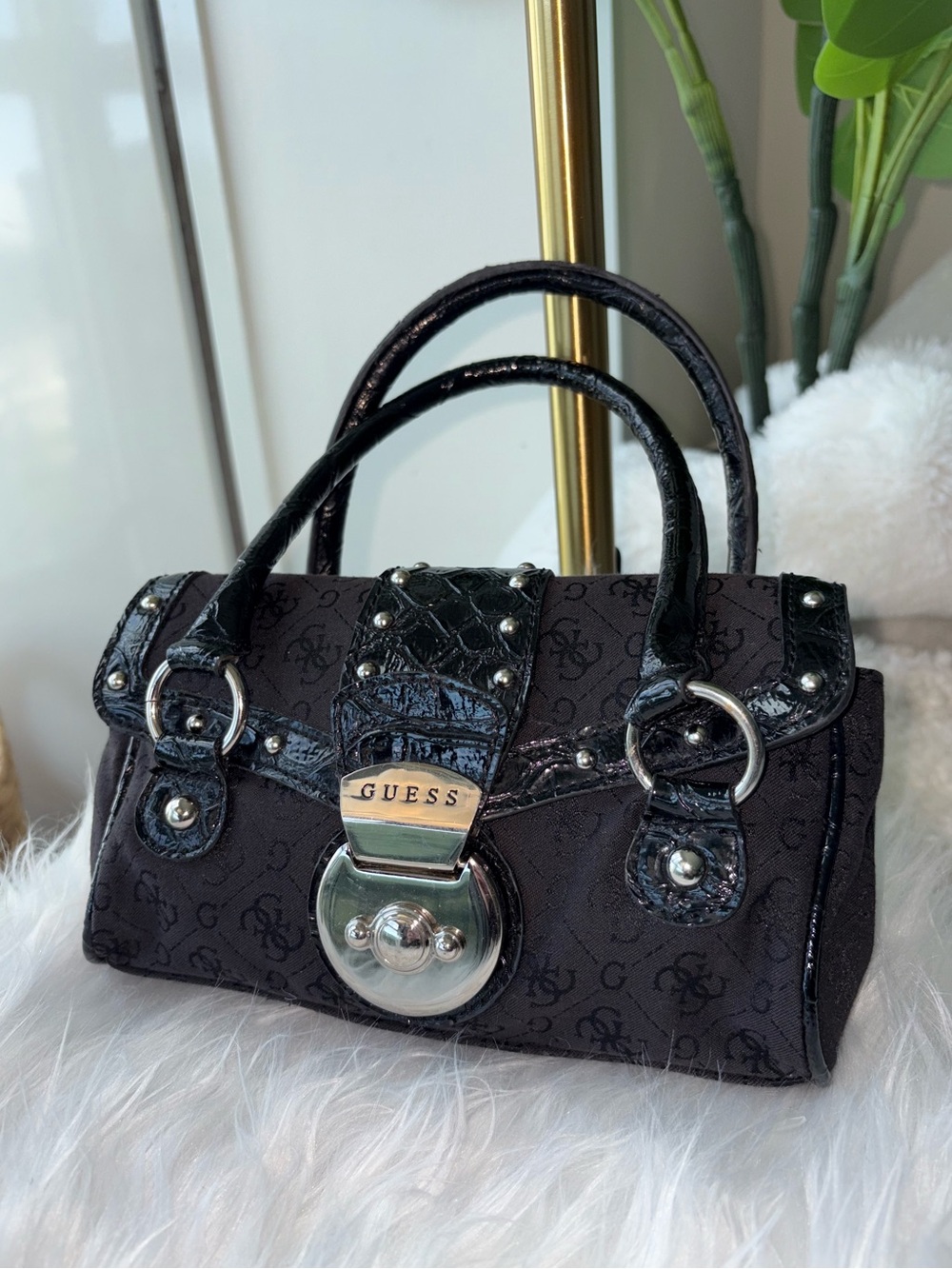 Vintage Y2K GUESS Sicily Black Monogram Croc Studded Mini Satchel Bag